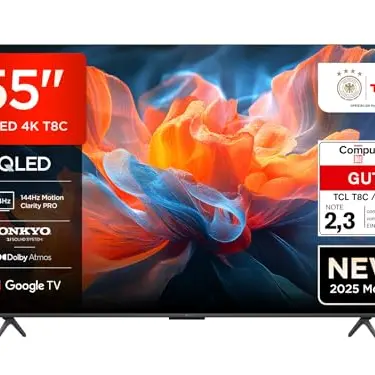 TCL 55 Zoll QLED 4K HDR Fernseher, Smart Google TV, Dolby Vision, 144Hz, Onkyo 2.1 Sound, Sprachsteuerung