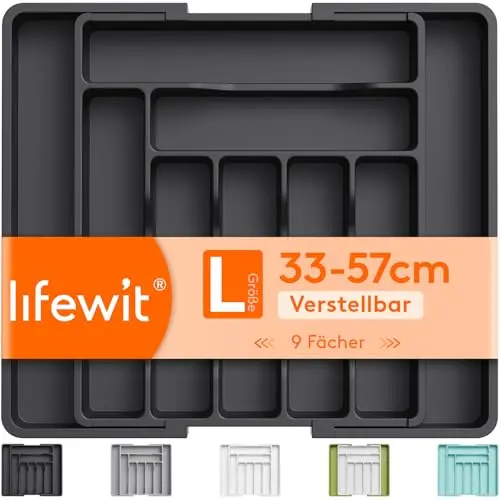 Lifewit Verstellbarer Besteckkasten, Küchen Organizer für Schublade, Schwarz