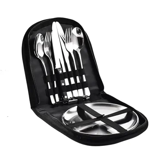 IMEEA Camping Besteck Set – 10-teilig, Edelstahl, Leicht, mit Tragetasche – Ideal für Outdoor, Picknick & Grillparty