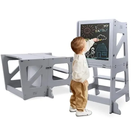 YOLEO 2in1 Lernturm und Tritthocker für Kinder, klappbar mit magnetischer Tafel, Grau