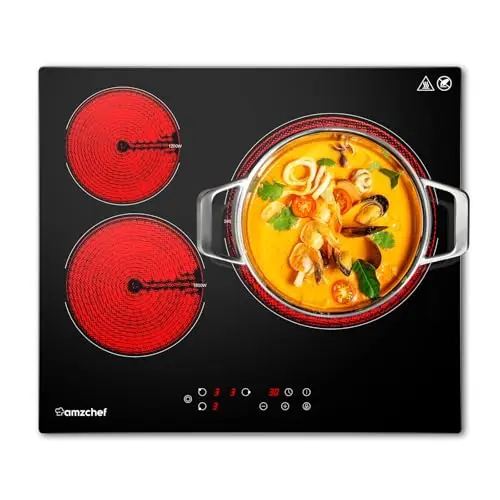 AMZCHEF Glaskeramikkochfeld 60cm, 3 Kochfelder, 5400W, mit Timer und Sicherheitssperre, Schwarz