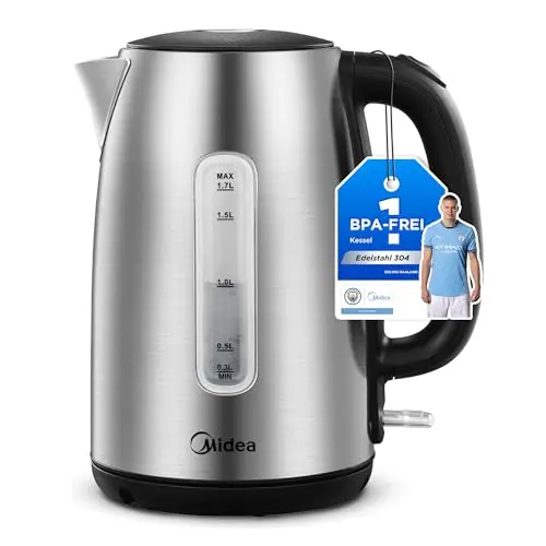 Midea Edelstahl Wasserkocher 1.7L 2200W mit Wasserstandsanzeige und Trockenlaufschutz