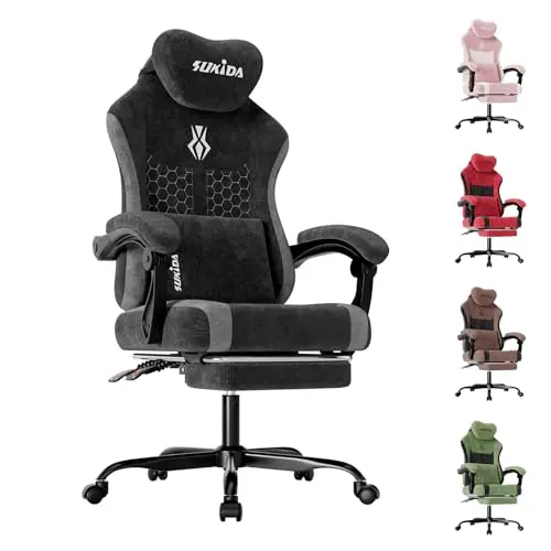 SUKIDA Gaming Stuhl, Ergonomischer Schreibtischstuhl mit Fußstütze und Kopfstütze, Schwarz