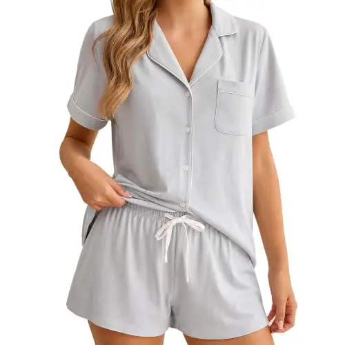 U2SKIIN Damen Schlafanzug kurz Baumwolle, leichter Sommer Pyjama Zweiteiler (Hellgrau, 2XL)