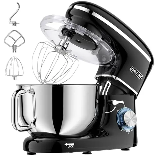 CHeflee Küchenmaschine 1500W mit 6.2L Edelstahlschüssel, 6 Geschwindigkeiten, Rührbesen und Spritzschutz