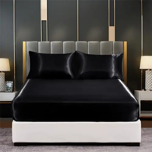 Tospass Satin Spannbettlaken 90x200 cm Schwarz für Boxspringbett und Topper