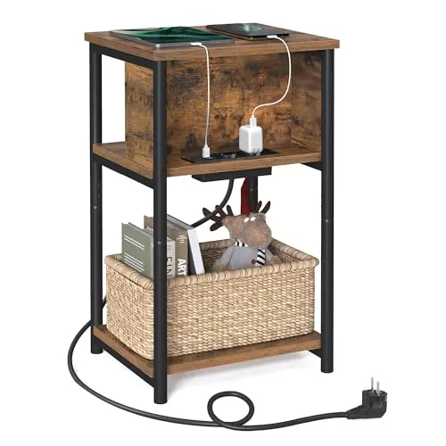 VASAGLE Beistelltisch mit Steckdose, schmal, 2 AC- und 2 USB-Anschlüsse, vintagebraun-schwarz, 30 x 34 x 58 cm