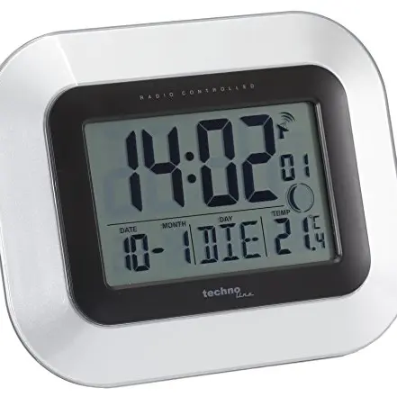 Technoline WS 8005 Funkwanduhr mit Innenthermometer, Datum, Wochentag, Mondphase und Wecker – Silber