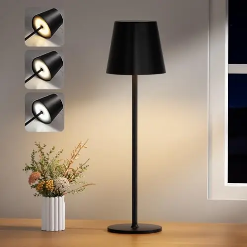PreeOtti Kabellose Tischlampe, Dimmbare LED Leuchte mit 3 Farbtemperaturen, Touch-Funktion, USB-C Aufladung, Schwarz