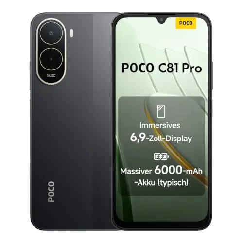 Poco C81 Pro Smartphone, 4 GB + 256 GB, 6,9" Display, 120 Hz, 13 MP AI-Doppelkamera, schwarz, 6000 mAh Akku, 1 Jahr Garantie