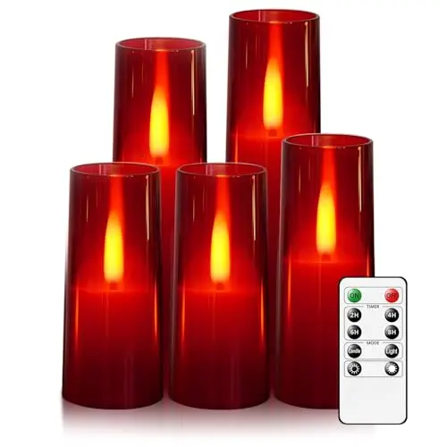 JINYANIA LED Flammenlose Kerzen, 5er Set mit Fernbedienung & Timer, Realistische Flamme, Batteriebetrieben, Rot