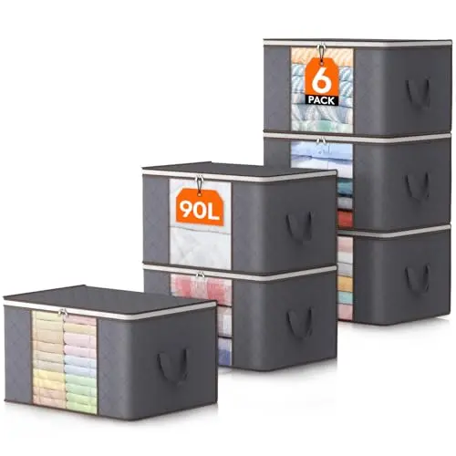 Lifewit 6er Set 90L Aufbewahrungstaschen, Faltbare Boxen für Kleidung und Decken, Grau