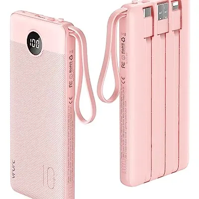 VRURC Power Bank 10000mAh mit 4 Kabeln, 5 Ausgängen, LED-Display, USB-C, kompatibel mit iPhone, Huawei, Samsung und Android