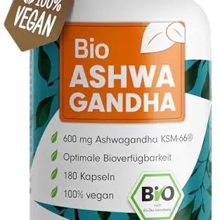 BIO Ashwagandha Kapseln 180 Stück - 600 mg Bio-Ashwagandha Wurzelextrakt - Vorrat für 3 Monate