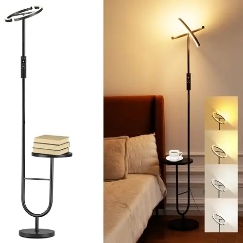 LuminexDesigns Dimmare Stehlampe 175cm für Wohnzimmer & Schlafzimmer, 36W LED, 360° drehbar, mit Regal, warmweiß bis kaltweiß