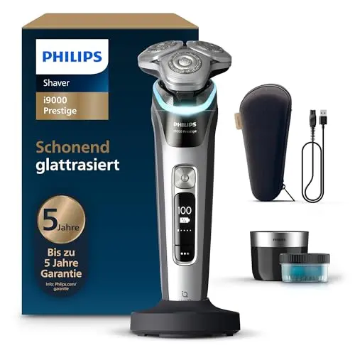 Philips Rasierer i9000 Prestige, Nass & Trocken, mit Trimmer, Reinigungsstation, Ladestation und Reiseetui (XP9205/30)
