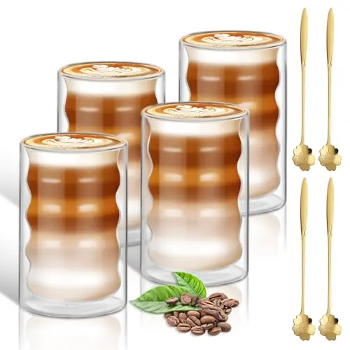 LISDATKE Doppelwandige Latte Macchiato Gläser 400ml mit 4 Löffeln - 4er Pack Thermogläser aus Borosilikat
