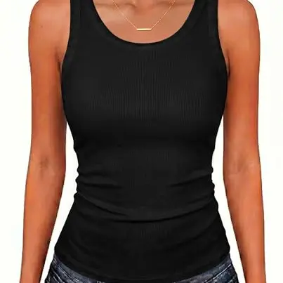 SENBATU Damen Tank Top Sommer Leicht & Rundhals, Ärmellos, Slim Fit, Stretch, Schwarz, Größe S (34-36)