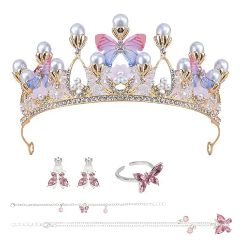 Byfoyif 5-teiliges Schmuckset für Mädchen - Krone, Tiara, Halskette, Armband und Ohrringe in Rosa und Silber