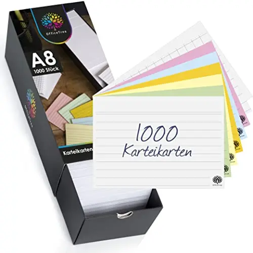 OfficeTree 1000 Karteikarten A8 Box - Liniert, Kariert und Bunt - Lernkarten für Vokabeln und Notizen