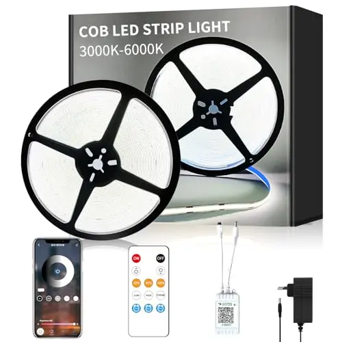 Yeewhale COB LED Strip 15m - App und Fernbedienung, dimmbar, flexible Weiße LED-Lichter für Schlafzimmer und DIY-Dekoration