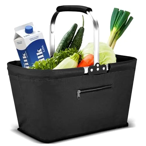 Yeabett 22L Klapp-Einkaufskorb mit gepolsterten Griffen für Reisen, Picknick und Einkaufen (Schwarz)