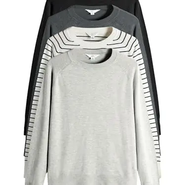 THE SET Damen Rundhalspullover Feinstrick 4er-Pack Black/Grey/Creme L