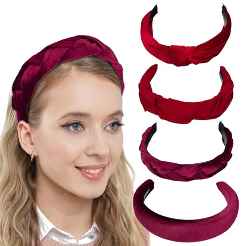YBCCBY 4er Set Samt Haarreif für Damen - Vintage Haarband in Bordeauxrot für Dirndl und Alltag