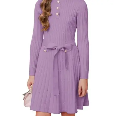 GRACE KARIN Mädchen Winter Strickkleid Langarm Rundhals Violett 12 Jahre