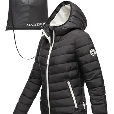 MARIKOO Damen Übergangsjacke mit Tragetasche - Kurze Steppjacke - Pack Mich EIN - Schwarz, Größe S