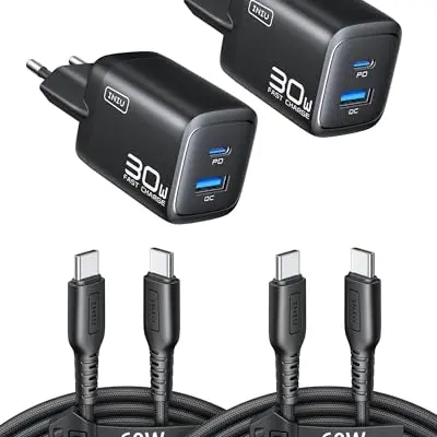 INIU 30W USB-C Ladegerät, Dual-Port GaN Schnellladegerät mit 1,5m Kabel