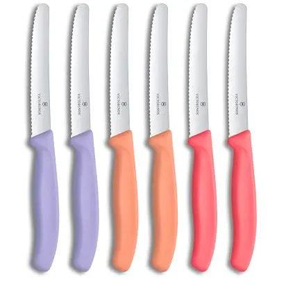 Victorinox Swiss Classic Frühstücksmesser Set 6-teilig, 11 cm, Rostfreier Stahl, Violett, Orange und Pink