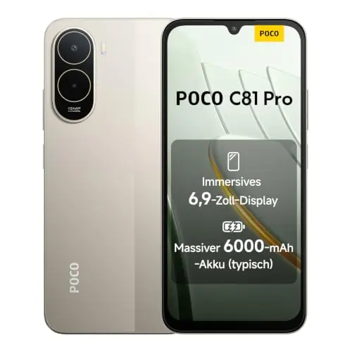 Poco C81 Pro Smartphone, 6,9 Zoll, 4 GB + 128 GB, 13 MP AI-Kamera, 6000 mAh Akku, Gold, +1 Jahr Garantie