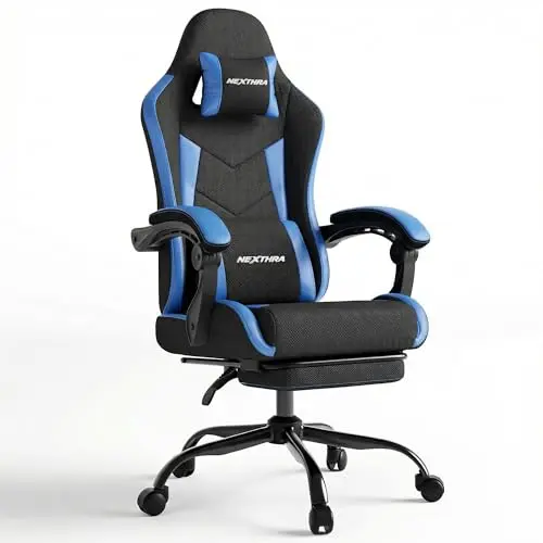Nexthra Gaming Stuhl, ergonomisch, verstellbare Rückenlehne bis 150°, mit Fußstütze, bürotauglich, 180 kg, Blau