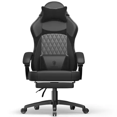 Dowinx Ergonomischer Gaming-Stuhl aus PU-Leder, Schwarz, mit Lordosenstütze und verlängerter Rückenlehne