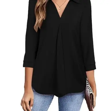 BDTECAOR Damen Bluse mit V-Ausschnitt, 3/4 Ärmel, locker geschnitten, Schwarz, Größe M