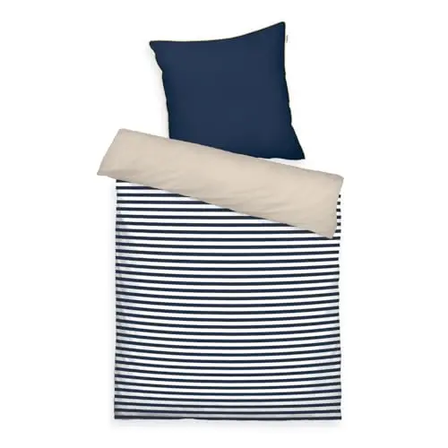 TOM TAILOR Perkal-Bettwäsche, 80x80 cm + 135x200 cm, Wendemotiv, Streifen Blau-Beige