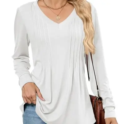 Damen Langarmshirt Elegant Tunika mit V-Ausschnitt, Weiß, Lässig