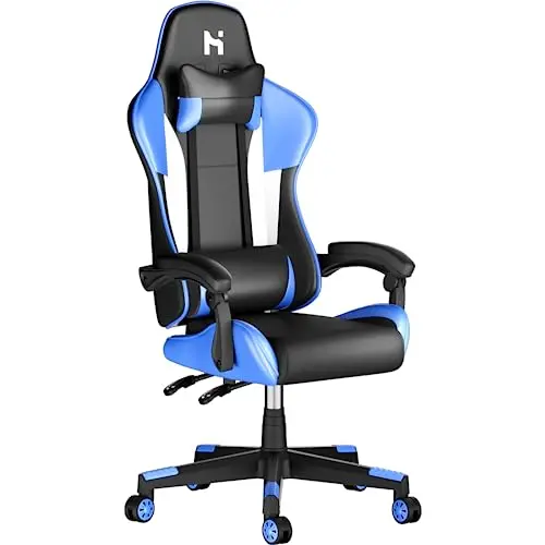 HLONONE Ergonomischer Gaming Stuhl mit Lendenwirbelstütze und Einstellbaren Armlehnen - Racing Stil, Blau