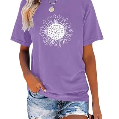 Cicy Bell Damen Sonnenblumen T-Shirt Vintage Rundhals Sommer Tops dunkelviolett