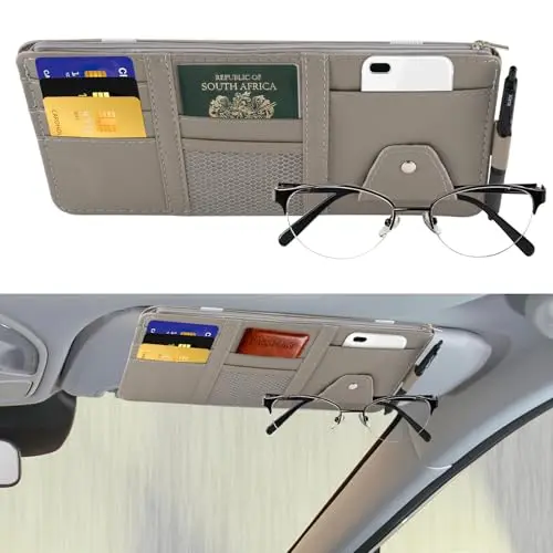 Sonnenblende Organizer mit Brillenhalter und Aufbewahrung für Karten (Grau)