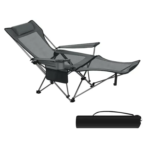 eSituro Campingstuhl klappbar mit Getränkehalter, verstellbarer Rückenlehne, Tragetasche, abnehmbare Fußablage, Strand- und Campingliege, grau