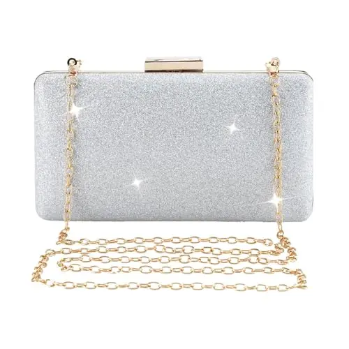 CRITIVE Damen Clutch Abendtasche Silber Schultertasche mit abnehmbarer Kette für Hochzeit und Party