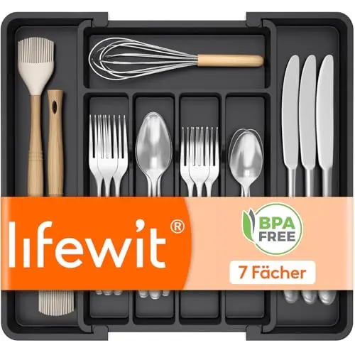 Lifewit Besteckkasten für Schubladen, erweiterbarer Organizer aus Kunststoff, Schwarz