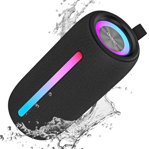Oraolo Bluetooth Lautsprecher mit RGB Lichtshow, wasserdicht und tragbar für Zuhause und Party, 10 Stunden Akkulaufzeit