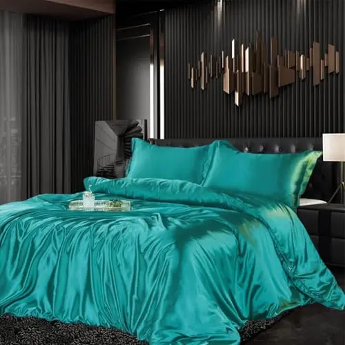 Bettwäsche Set Satin 135x200cm 4-teilig Grün - Luxuriöse, glatte Bettwäsche mit Reißverschluss und 80x80cm Kissenbezügen