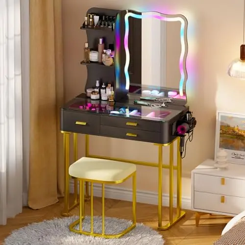 Lvifur Schminktisch mit LED-Spiegel, Hocker und 3 Schubladen, Frisiertisch für Wohnzimmer 40 x 80 x 140 cm