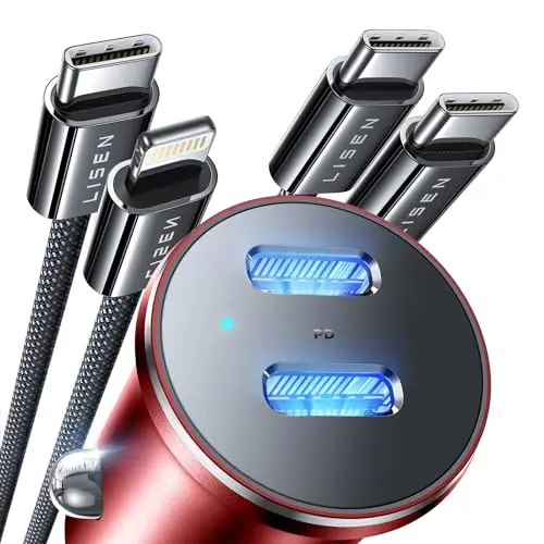 LISEN Rot 90W Autoladegerät mit USB-C & Lightning Kabel für iPhone 15 Pro Max