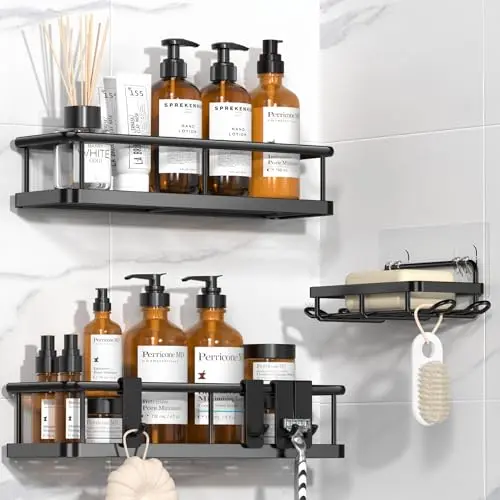 YASONIC Duschablage ohne Bohren, Badregal Organizer für Dusche, rostfreies schwarzes Duschregal, 3 Stück