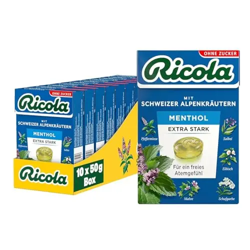 Ricola Extra Stark, 10 Boxen Schweizer Kräuterbonbons, zuckerfrei, vegan